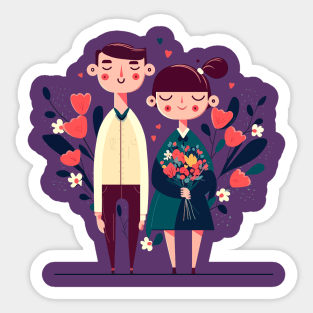 Illustration of confident couple standing with flowers on the blue background Sticker